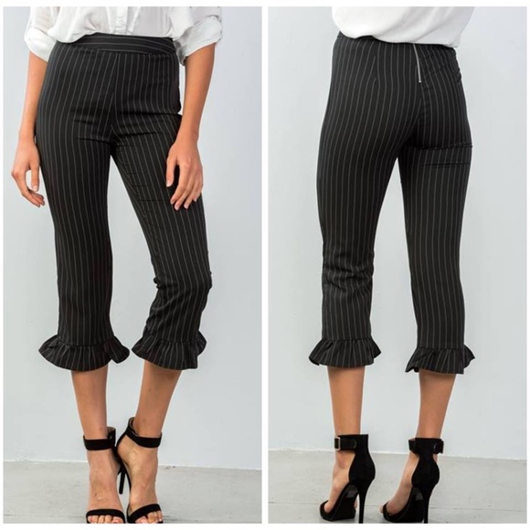 PINSTRIPE HIGH WAIST RUFFLE CROP PANTS - Picture 5 of 6
